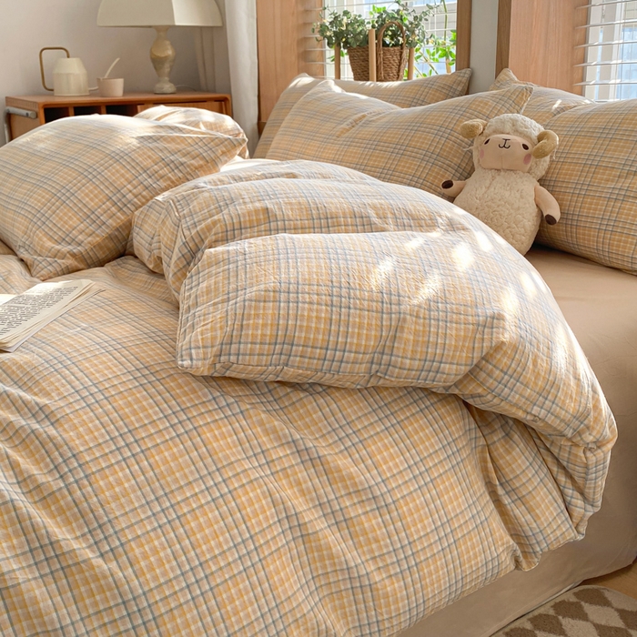 91家纺网 家纺一手货源 找家纺 ab家纺 2024新款北欧风全棉水洗棉四件套 多彩格-黄