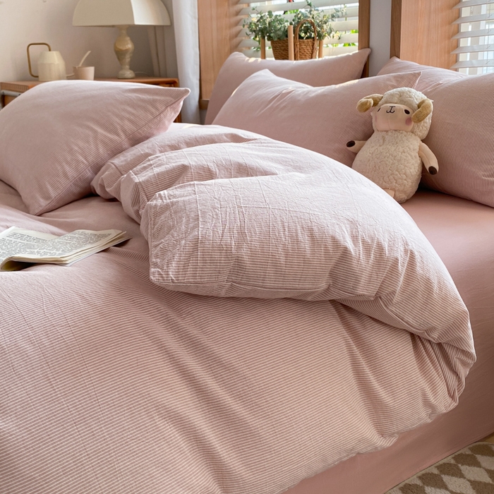 91家纺网 家纺一手货源 找家纺 ab家纺 2024新款北欧风全棉水洗棉四件套 密条-粉