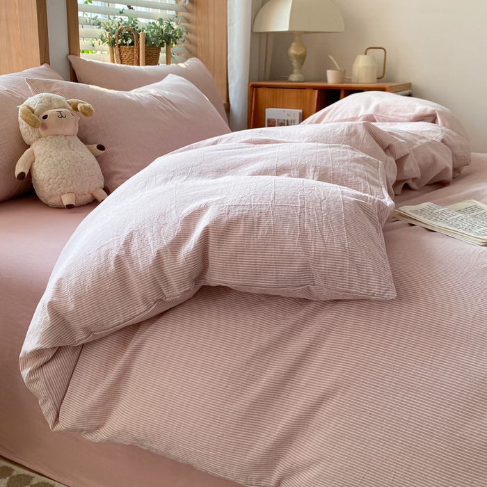 91家纺网 家纺一手货源 找家纺 ab家纺 2024新款北欧风全棉水洗棉四件套 密条-粉