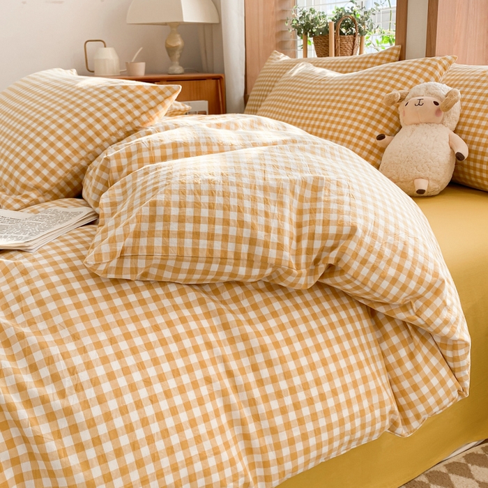 91家纺网 家纺一手货源 找家纺 ab家纺 2024新款北欧风全棉水洗棉四件套 小格-黄