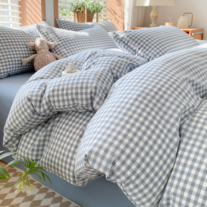 91家纺网 家纺一手货源 找家纺 ab家纺 2024新款北欧风全棉水洗棉四件套 小格-蓝