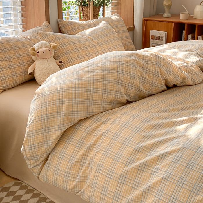 91家纺网 家纺一手货源 找家纺 ab家纺 2024新款北欧风全棉水洗棉四件套 多彩格-黄