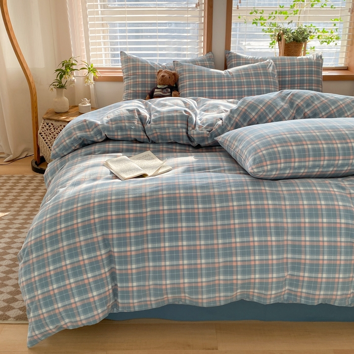 91家纺网 家纺一手货源 找家纺 ab家纺 2024新款北欧风全棉水洗棉四件套 印象-蓝