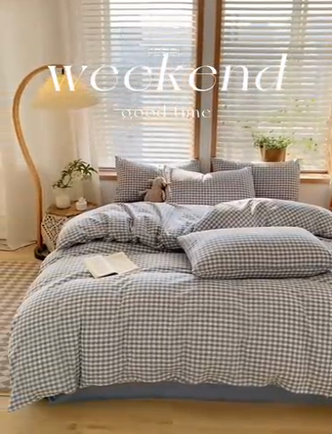 91家纺网 家纺一手货源 找家纺 ab家纺 2024新款北欧风全棉水洗棉四件套 小格-蓝