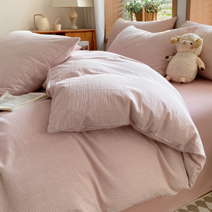 91家纺网 家纺一手货源 找家纺 ab家纺 2024新款北欧风全棉水洗棉四件套 密条-粉