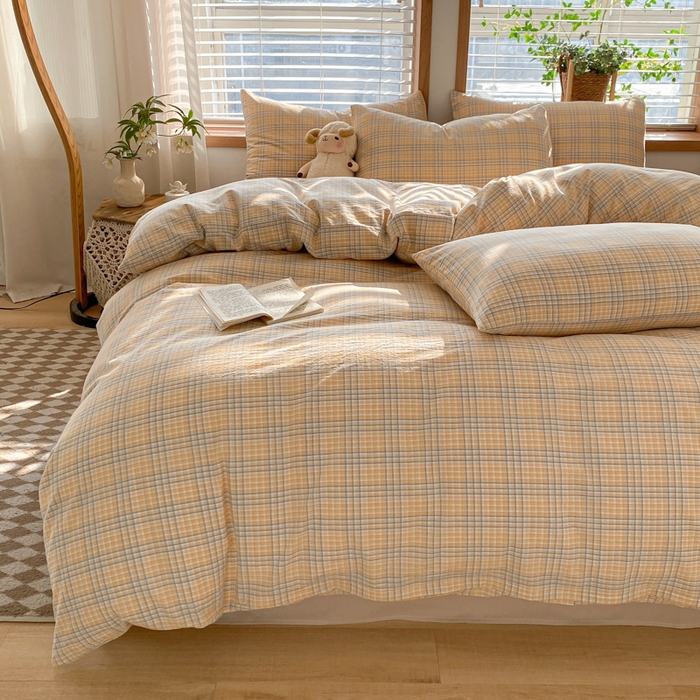 91家纺网 家纺一手货源 找家纺 ab家纺 2024新款北欧风全棉水洗棉四件套 多彩格-黄