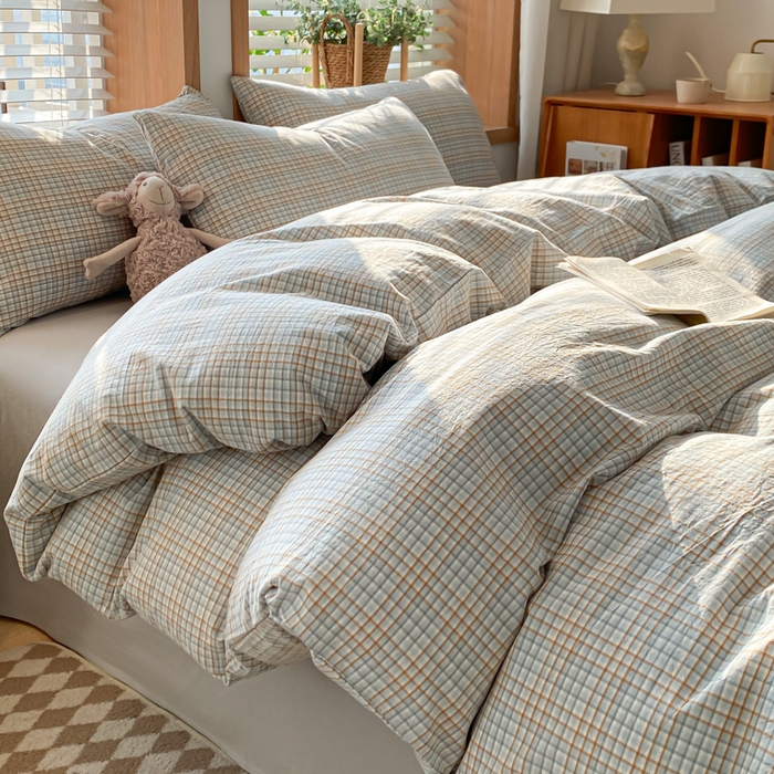 91家纺网 家纺一手货源 找家纺 ab家纺 2024新款北欧风全棉水洗棉四件套 多彩格-灰