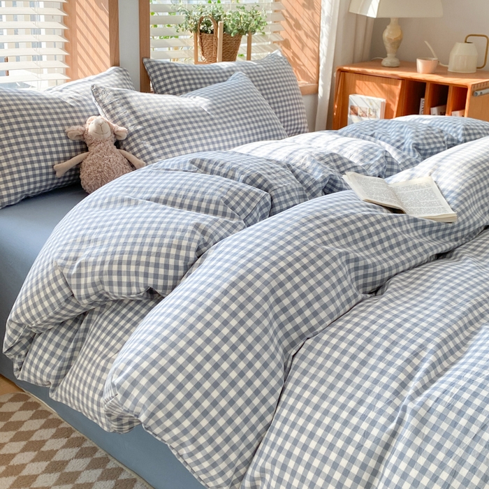 91家纺网 家纺一手货源 找家纺 ab家纺 2024新款北欧风全棉水洗棉四件套 小格-蓝