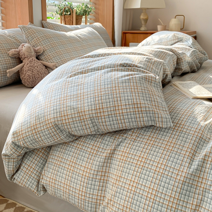 91家纺网 家纺一手货源 找家纺 ab家纺 2024新款北欧风全棉水洗棉四件套 多彩格-灰