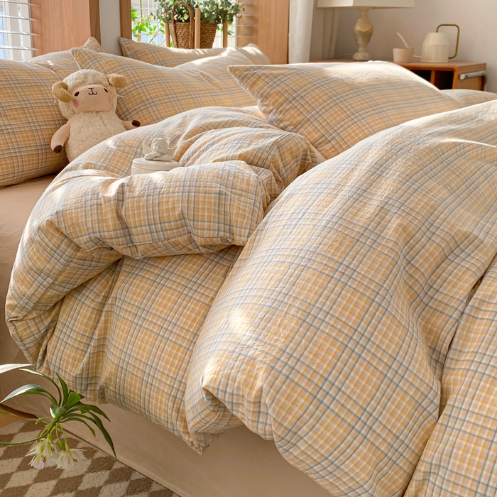 91家纺网 家纺一手货源 找家纺 ab家纺 2024新款北欧风全棉水洗棉四件套 多彩格-黄