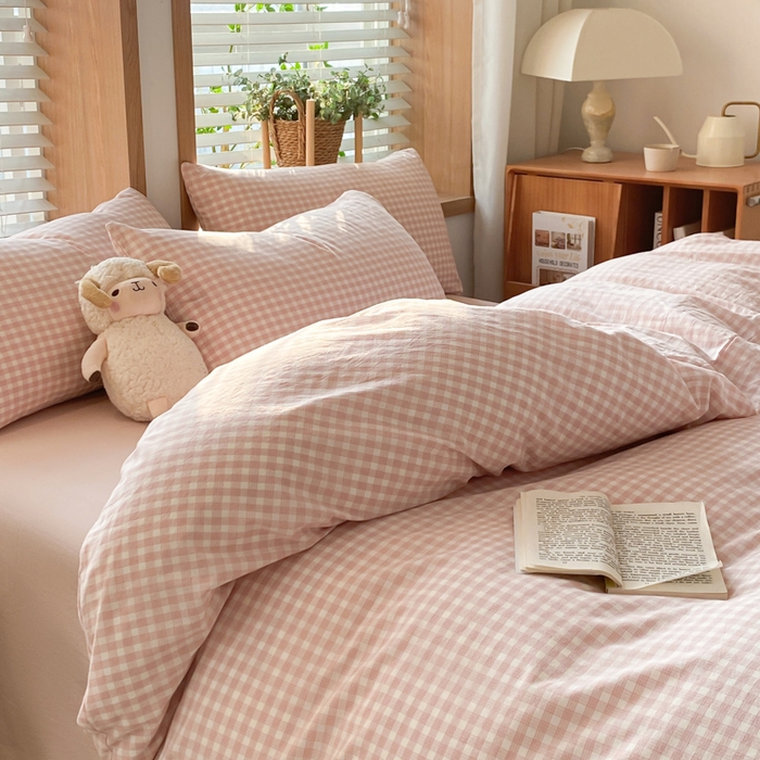 91家纺网 家纺一手货源 找家纺 ab家纺 2024新款北欧风全棉水洗棉四件套 未央-粉