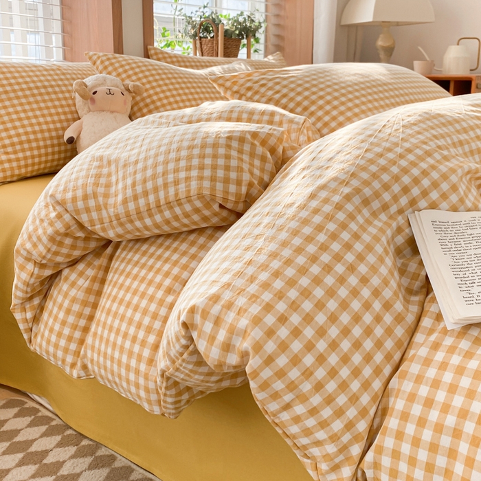 91家纺网 家纺一手货源 找家纺 ab家纺 2024新款北欧风全棉水洗棉四件套 小格-黄