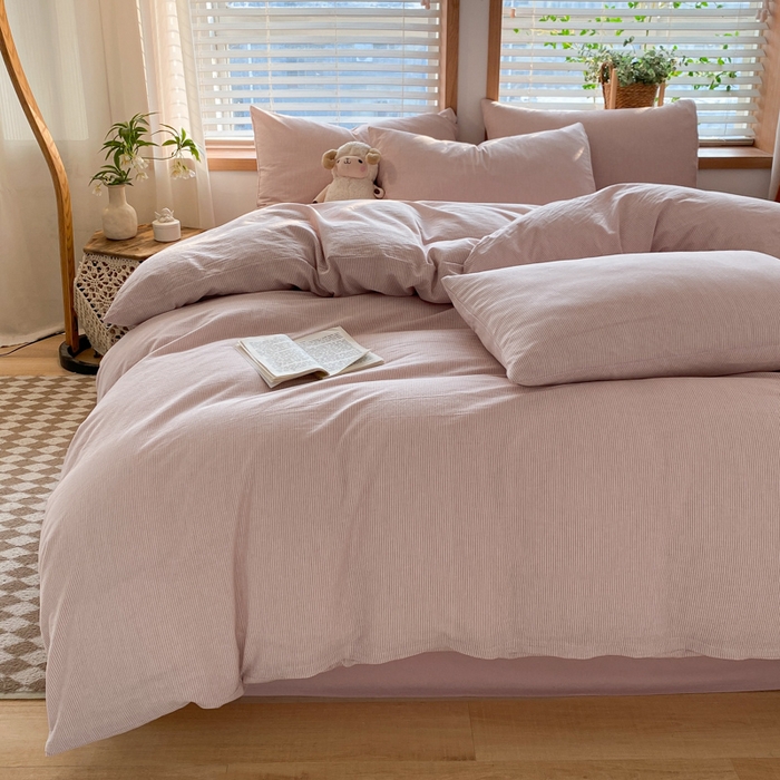 91家纺网 家纺一手货源 找家纺 ab家纺 2024新款北欧风全棉水洗棉四件套 密条-粉