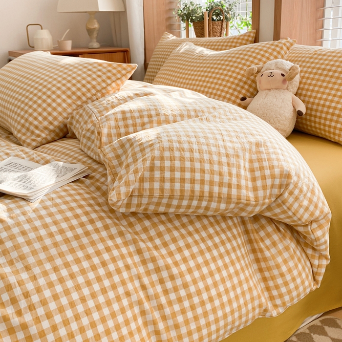 91家纺网 家纺一手货源 找家纺 ab家纺 2024新款北欧风全棉水洗棉四件套 小格-黄