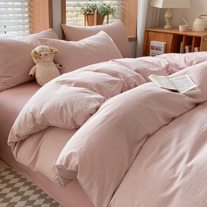 91家纺网 家纺一手货源 找家纺 ab家纺 2024新款北欧风全棉水洗棉四件套 密条-粉