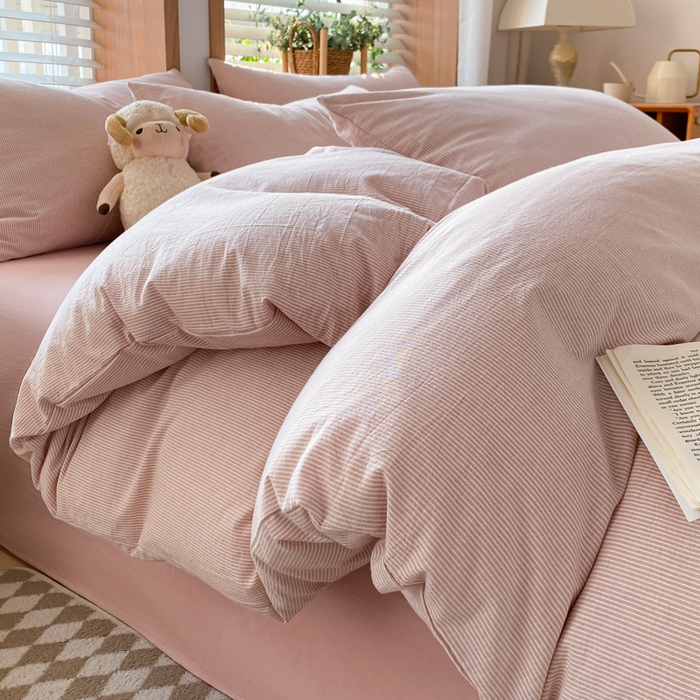 91家纺网 家纺一手货源 找家纺 ab家纺 2024新款北欧风全棉水洗棉四件套 密条-粉