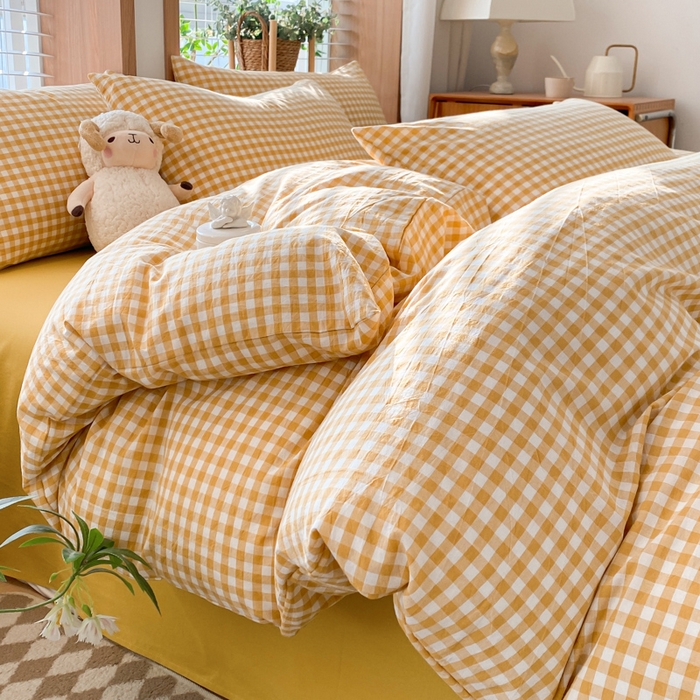 91家纺网 家纺一手货源 找家纺 ab家纺 2024新款北欧风全棉水洗棉四件套 小格-黄