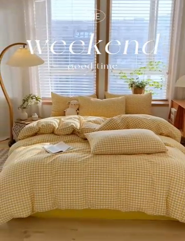 91家纺网 家纺一手货源 找家纺 ab家纺 2024新款北欧风全棉水洗棉四件套 小格-黄