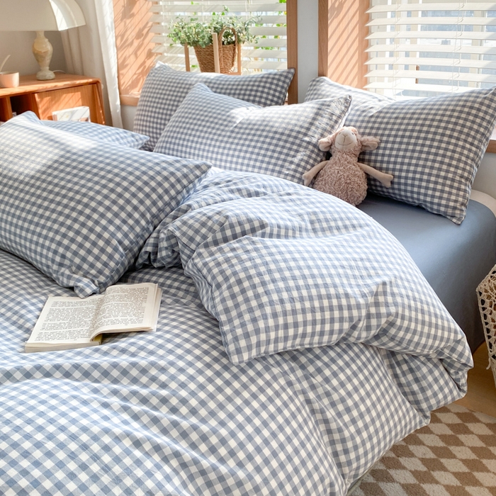 91家纺网 家纺一手货源 找家纺 ab家纺 2024新款北欧风全棉水洗棉四件套 小格-蓝