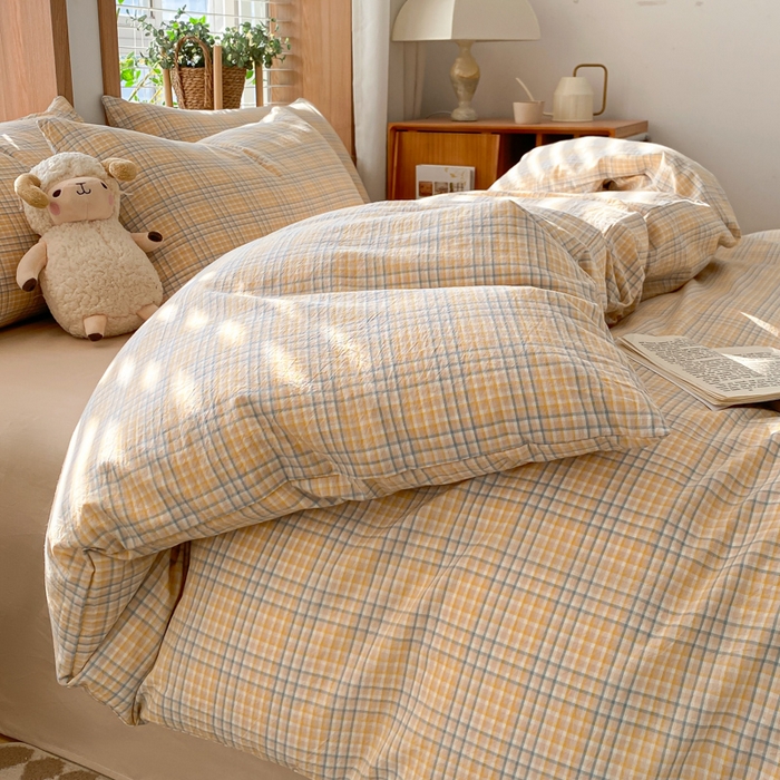 91家纺网 家纺一手货源 找家纺 ab家纺 2024新款北欧风全棉水洗棉四件套 多彩格-黄