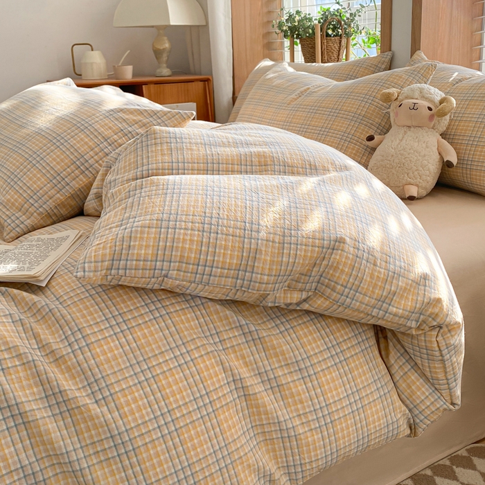 91家纺网 家纺一手货源 找家纺 ab家纺 2024新款北欧风全棉水洗棉四件套 多彩格-黄