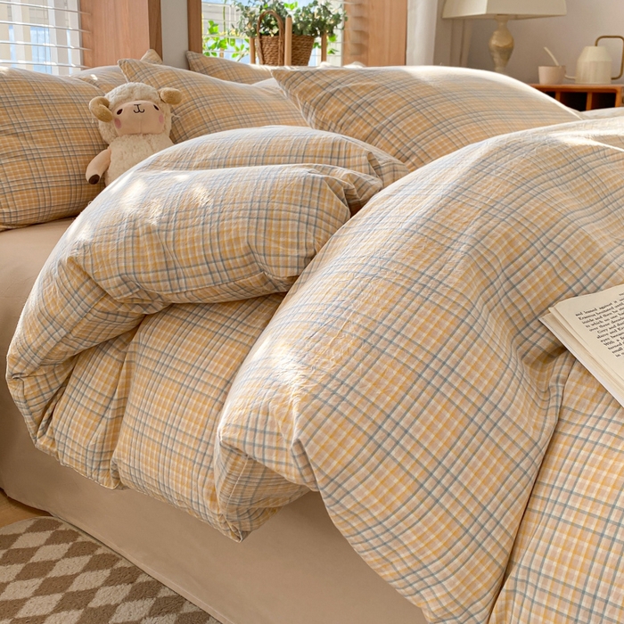 91家纺网 家纺一手货源 找家纺 ab家纺 2024新款北欧风全棉水洗棉四件套 多彩格-黄