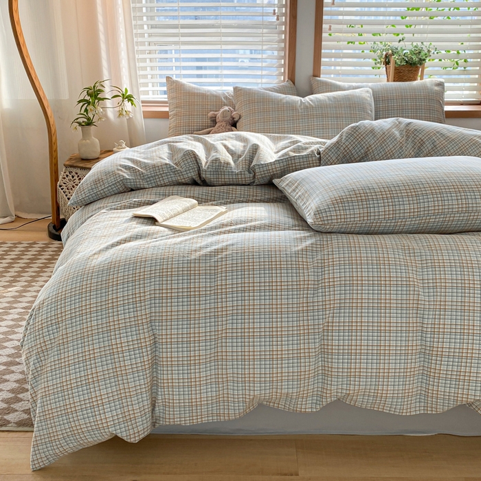 91家纺网 家纺一手货源 找家纺 ab家纺 2024新款北欧风全棉水洗棉四件套 多彩格-灰