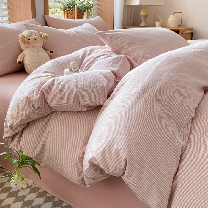 91家纺网 家纺一手货源 找家纺 ab家纺 2024新款北欧风全棉水洗棉四件套 密条-粉