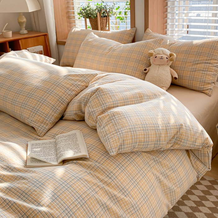 91家纺网 家纺一手货源 找家纺 ab家纺 2024新款北欧风全棉水洗棉四件套 多彩格-黄