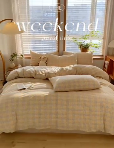 91家纺网 家纺一手货源 找家纺 ab家纺 2024新款北欧风全棉水洗棉四件套 多彩格-黄