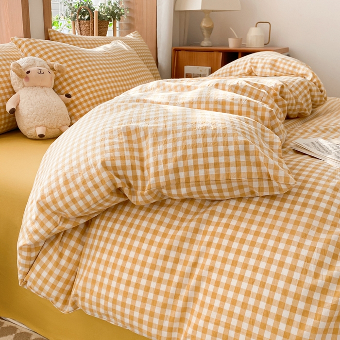 91家纺网 家纺一手货源 找家纺 ab家纺 2024新款北欧风全棉水洗棉四件套 小格-黄