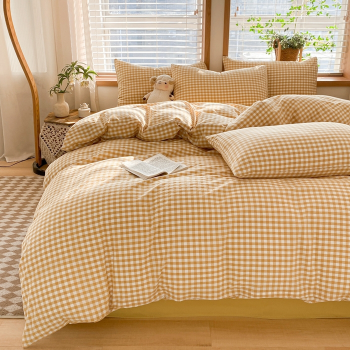 91家纺网 家纺一手货源 找家纺 ab家纺 2024新款北欧风全棉水洗棉四件套 小格-黄