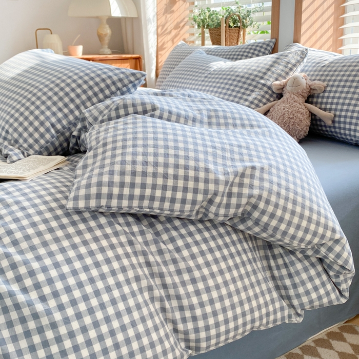 91家纺网 家纺一手货源 找家纺 ab家纺 2024新款北欧风全棉水洗棉四件套 小格-蓝