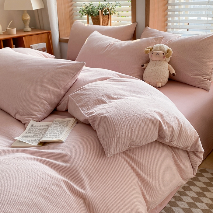 91家纺网 家纺一手货源 找家纺 ab家纺 2024新款北欧风全棉水洗棉四件套 密条-粉