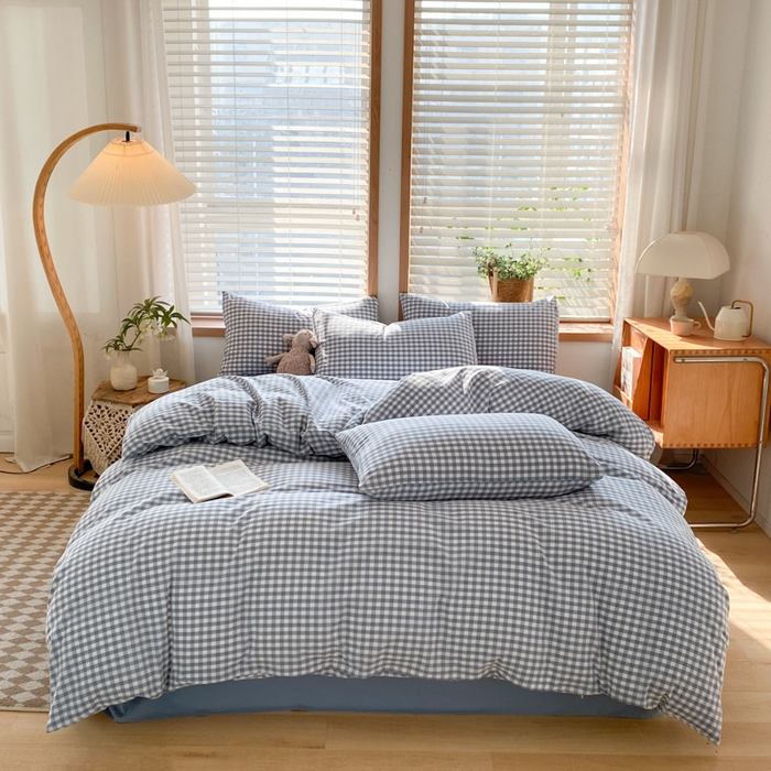 91家纺网 家纺一手货源 找家纺 ab家纺 2024新款北欧风全棉水洗棉四件套 小格-蓝