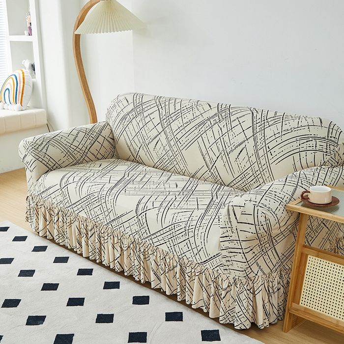 91家纺网 家纺一手货源 找家纺 （总）共鸣 2023新款牛奶丝印花系列沙发套（裙摆款）