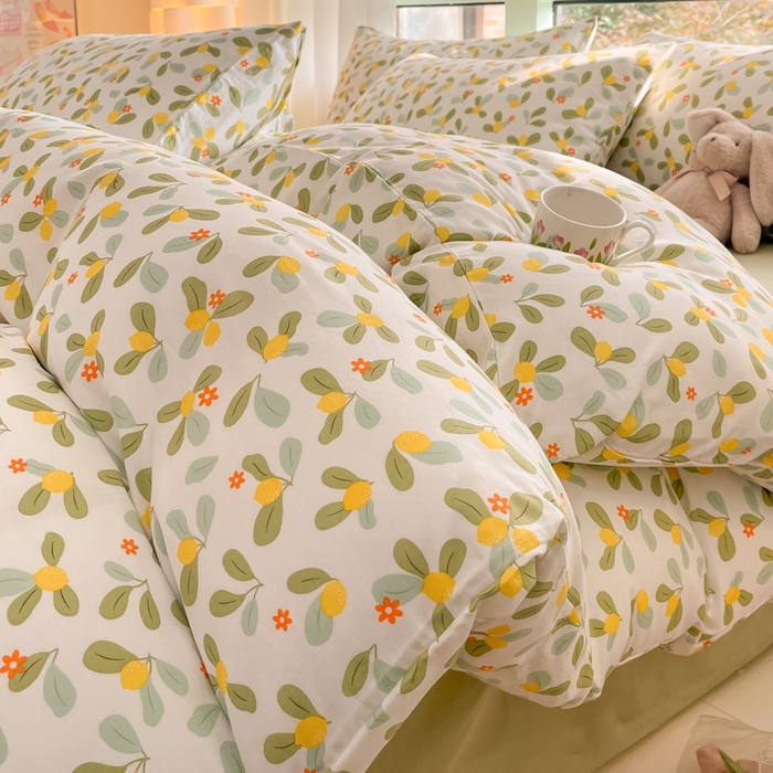 91家纺网 家纺一手货源 找家纺 ab家纺 2024新款全棉双层纱印花四件套 一抹柠萌