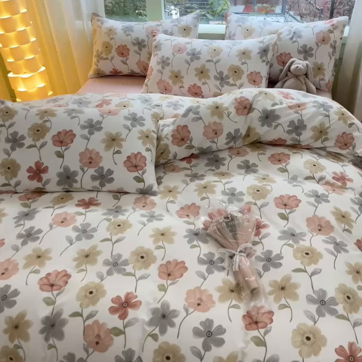 91家纺网 家纺一手货源 找家纺 ab家纺 2024新款全棉双层纱印花四件套 七色槿