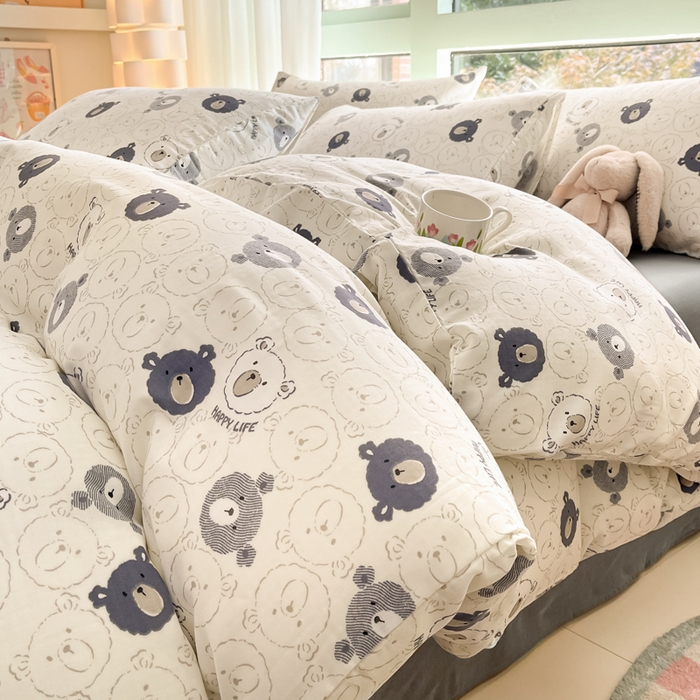 91家纺网 家纺一手货源 找家纺 ab家纺 2024新款全棉双层纱印花四件套 安妮熊