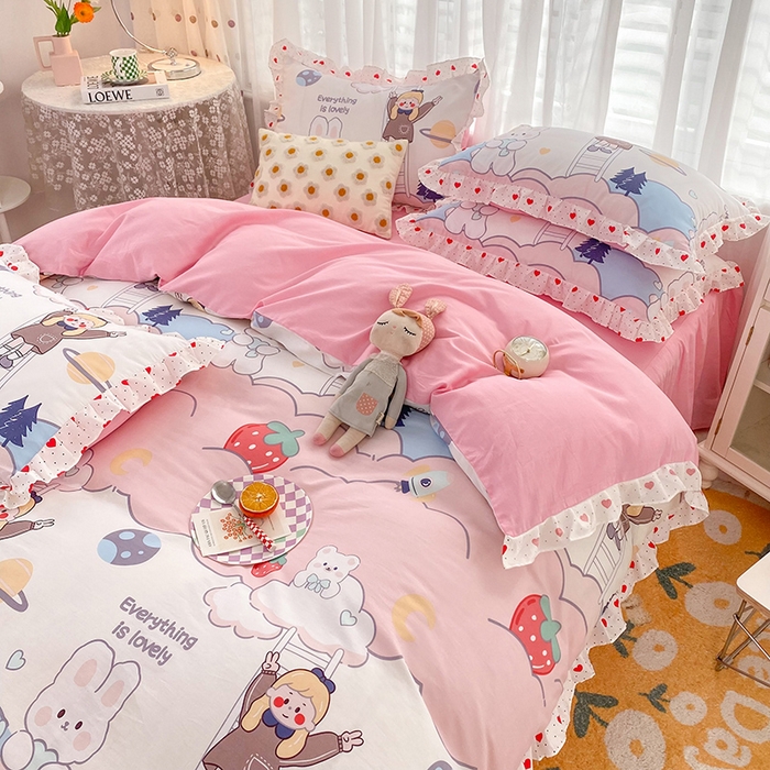 91家纺网 家纺一手货源 找家纺 （总）玉元坊 少女心全棉公主风花边被套床单式床裙款四件套三件套