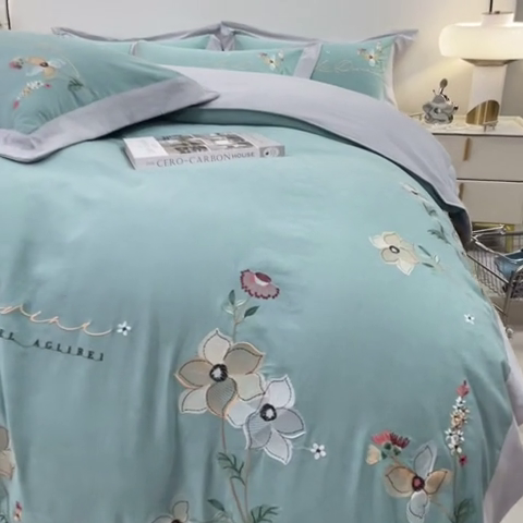 91家纺网 家纺一手货源 找家纺 欧冠家纺 2024新款四季款锦棉绣花盛夏光年四件套 盛夏光年-田园绿