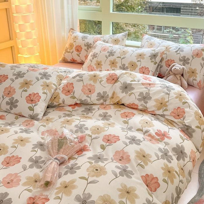 91家纺网 家纺一手货源 找家纺 ab家纺 2024新款全棉双层纱印花四件套 七色槿