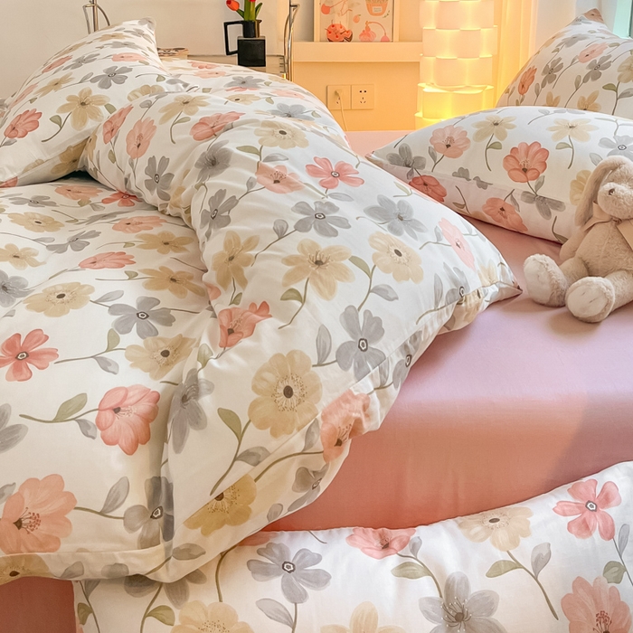 91家纺网 家纺一手货源 找家纺 ab家纺 2024新款全棉双层纱印花四件套 七色槿