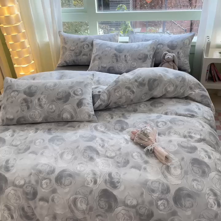 91家纺网 家纺一手货源 找家纺 ab家纺 2024新款全棉双层纱印花四件套 玫瑰罗拉