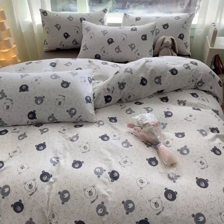 91家纺网 家纺一手货源 找家纺 ab家纺 2024新款全棉双层纱印花四件套 安妮熊