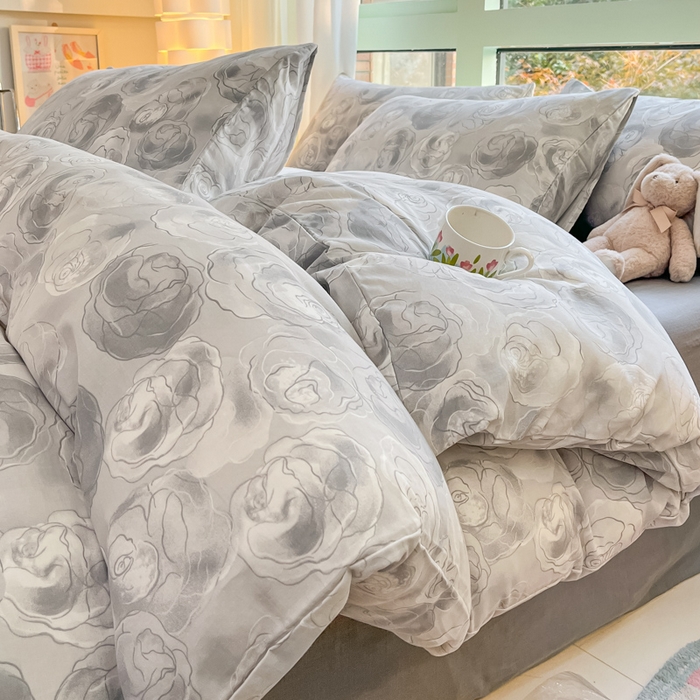 91家纺网 家纺一手货源 找家纺 ab家纺 2024新款全棉双层纱印花四件套 玫瑰罗拉