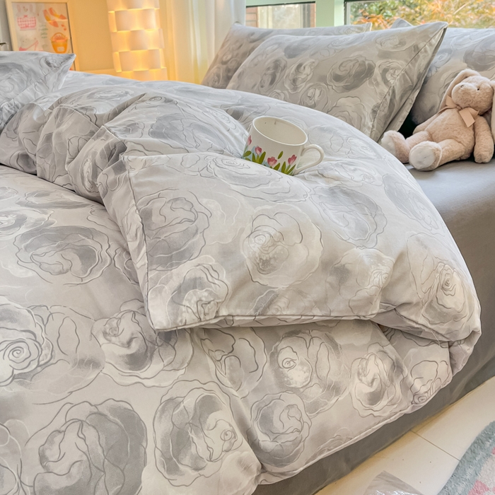 91家纺网 家纺一手货源 找家纺 ab家纺 2024新款全棉双层纱印花四件套 玫瑰罗拉