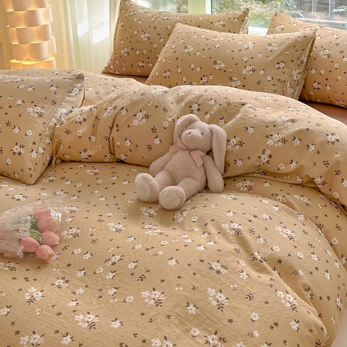 91家纺网 家纺一手货源 找家纺 ab家纺 2024新款全棉双层纱印花四件套 木槿花