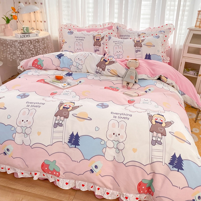 91家纺网 家纺一手货源 找家纺 （总）玉元坊 少女心全棉公主风花边被套床单式床裙款四件套三件套