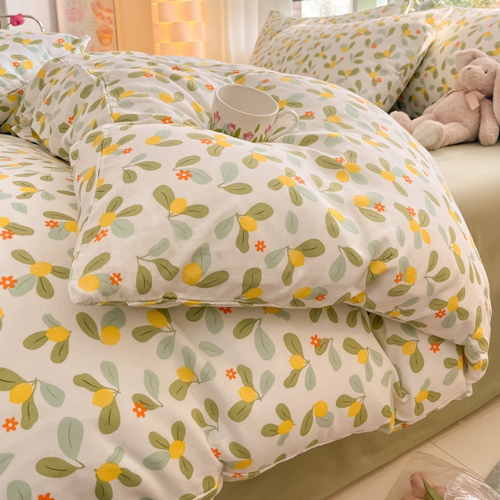 91家纺网 家纺一手货源 找家纺 ab家纺 2024新款全棉双层纱印花四件套 一抹柠萌